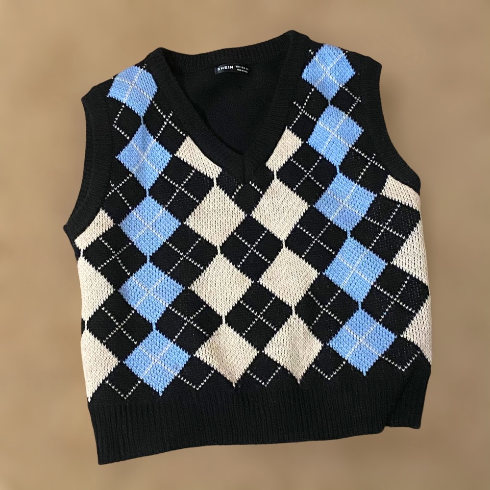 Black blue white Shein argyle sweater vest